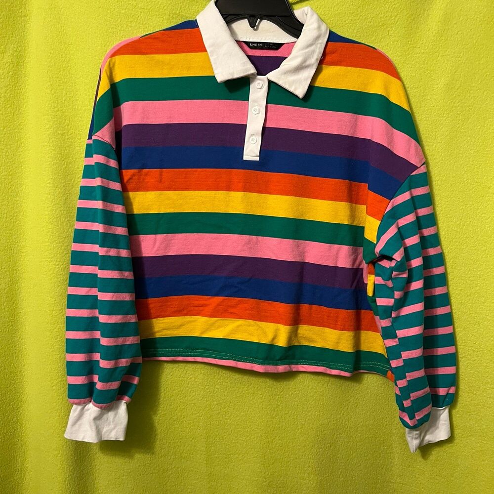 Rainbow Striped Polo Crop Long Sleeve Collared medium Pride